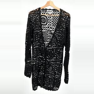 Vintage 90s Effeci Black Crochet Ramie Cotton Open Knit Cardigan
